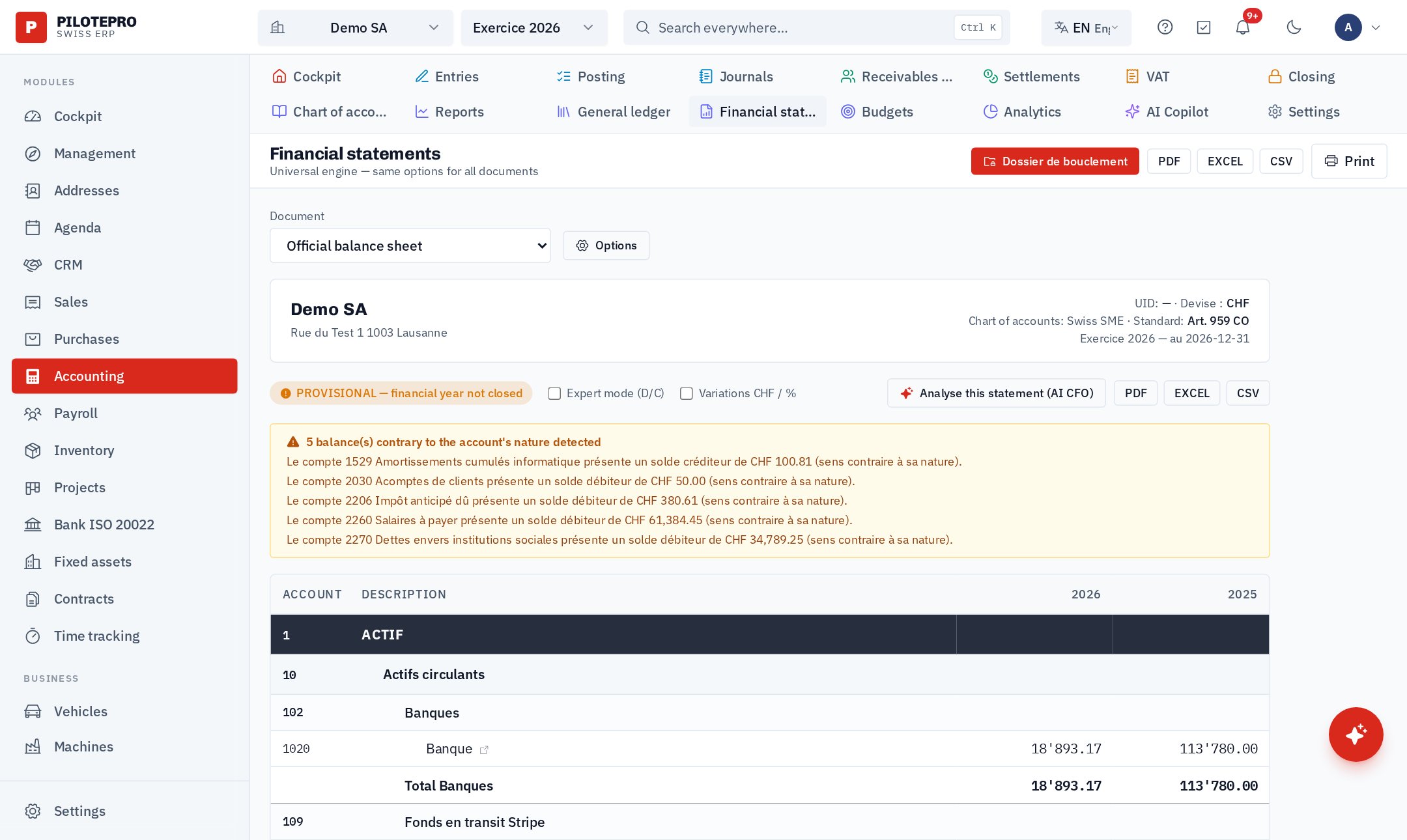 The balance sheet generated in real time from your entries