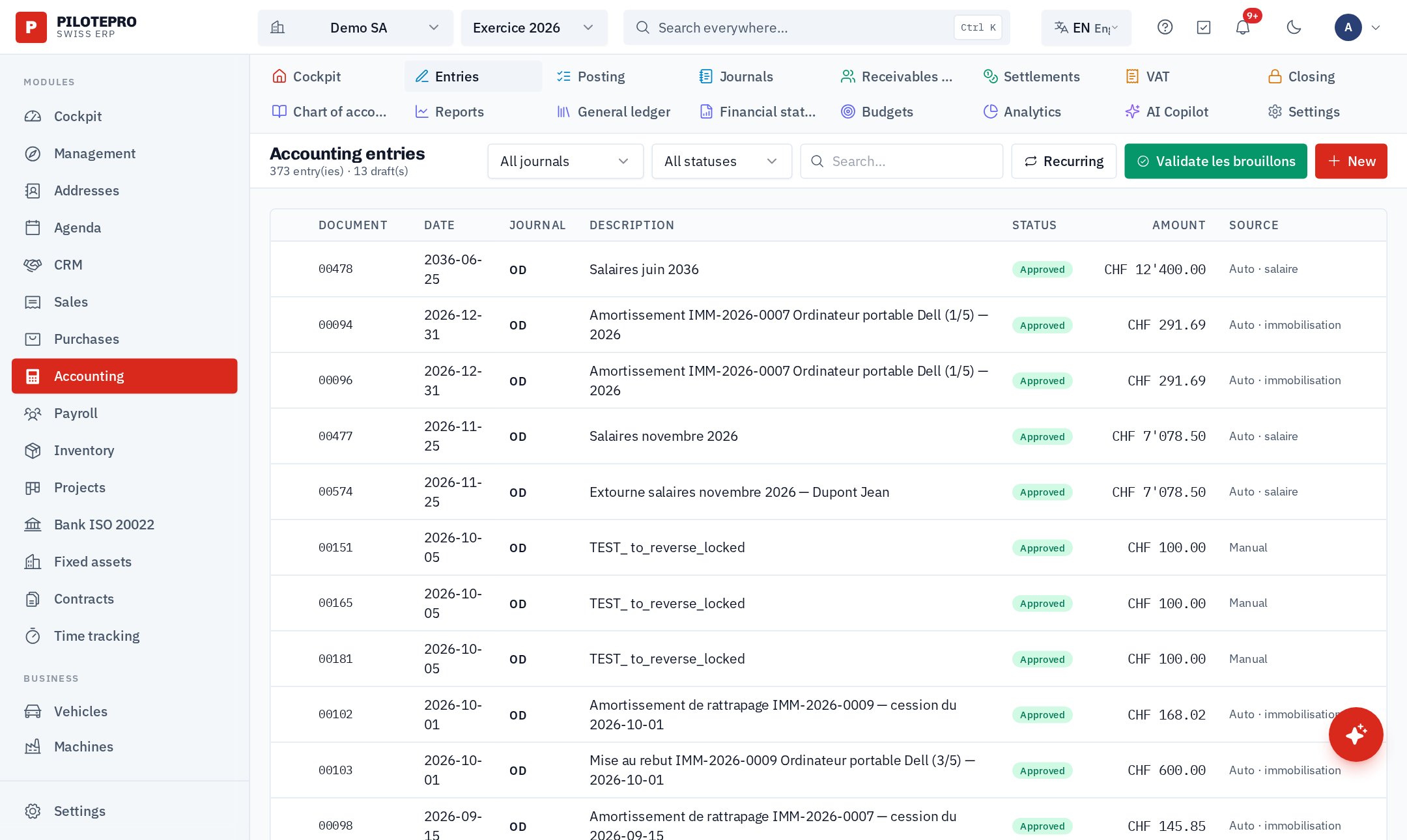 The entry journal with search and filters